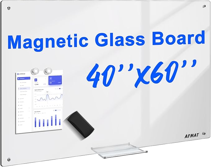 AFAMT Magnetic Dry Erase Board, 40" x 60" Glass Whiteboard, 4mm Tempered Glass, Strong Magnetic Surface, No Ghosting, Large Frameless Mounted Glass White Board for Office, Home, School