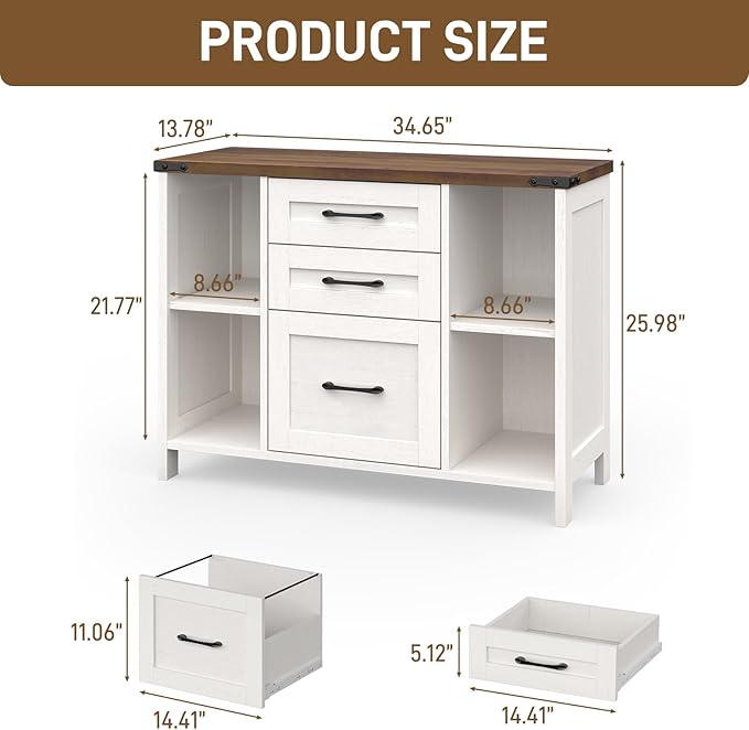 Vabches File Cabinet with 3 Drawers, Farmhouse Lateral File Cabinet Fits Files Letter/A4 Size, Wooden Filing Cabinet with Adjustable Shelves Printer Stand for Home Office, White