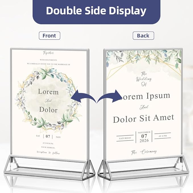 PPH-Sisy Clear Acrylic Sign Holder 8.5X11 with Silver Borders Display Stand, Double Sided Acrylic Picture Frames Plastic Sign Holder for Wedding Table Numbers Menu Holder (6 Pack)