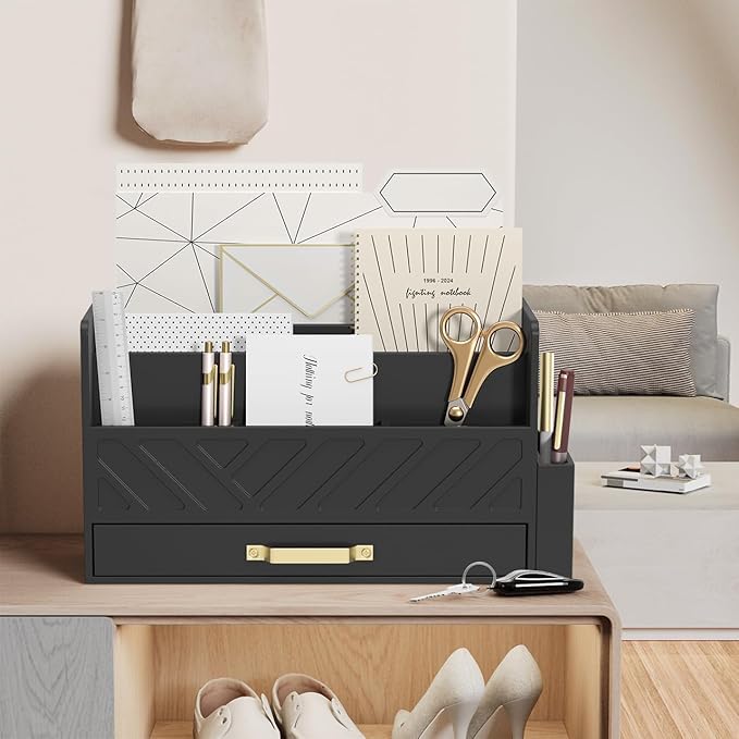 WISUCART Bamboo Desk Organizer Mail Holder Countertop Wood Desk Drawer Tabletop Storage Box Pen Holder Letter Sorter Makeup Organizer for School Home Office Supplies with Pen Holder Black