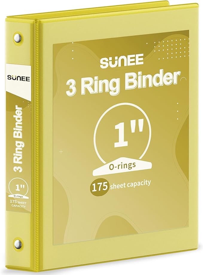 SUNEE 3 Ring Binder 1 Inch 1 Pack, Clear View Binder Three Ring PVC-Free (Fit 8.5x11 Inches) for School or Office Supplies, Yellow