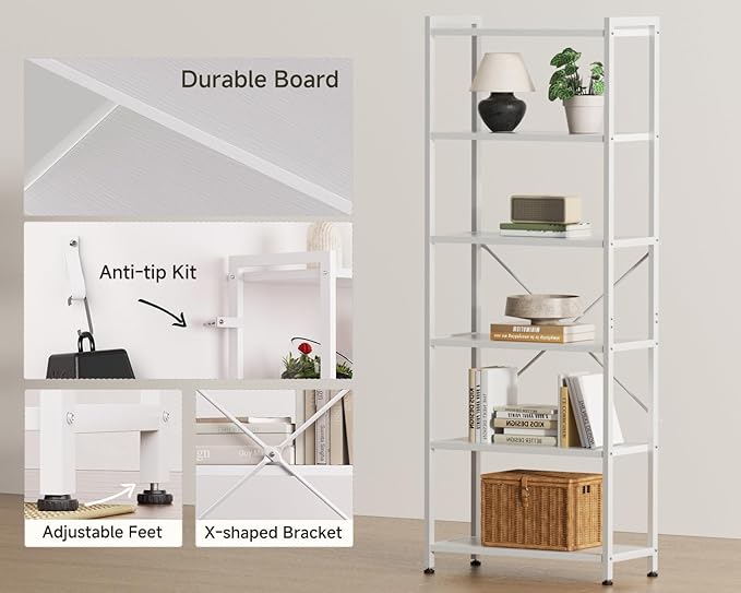 Casaottima Book Shelf, 6 Tier Tall Bookshelf, Modern Wood Bookcase Shelves for Bedroom, Industrial Display Shelf for Living Room Home Office Kitchen, Standing Shelving Unit Storage Organizer, White