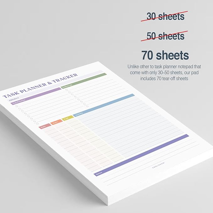 Task Planner & Tracker 8.5 x 11 Tear-Off 70 Sheet Planner Pad – Project Organizer with Time Log, Top Priority, Follow-Up – Notepad for Home & Office (White, Colorful, 1 Pack)