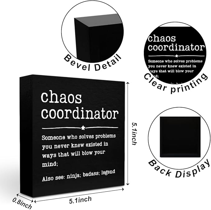 Funny Chaos Coordinator Gifts Office Decor, Chaos Coordinator Wooden Box Sign, Thank You Gifts, Home Farmhouse Table Shelf Desk Decor Accessories, Appreciation Gifts for Coworkers Colleague Leader