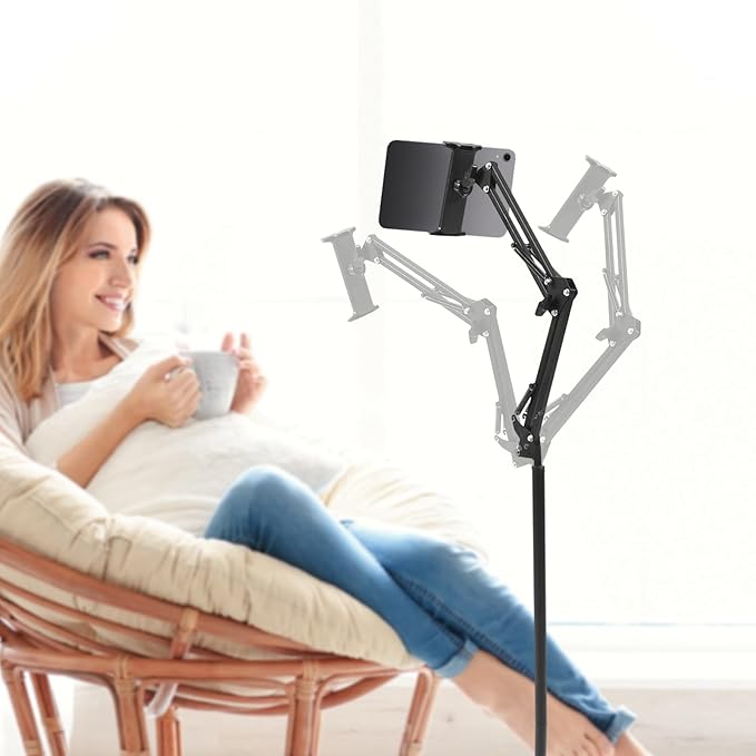 Fufiea Floor Stand for Tablet & Phone, 63" Heavy-Duty Carbon Steel Stand with 360° Rotation, Knob-Locking Stable Base for iPad, Monitor, Video Calls, Home Office & Bedroom (Black)