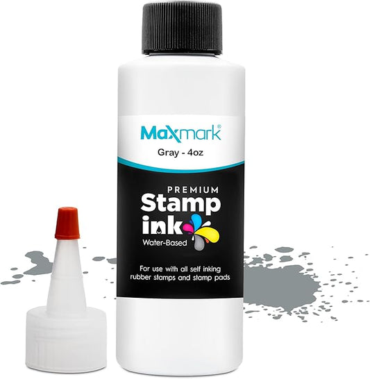 MaxMark Premium Refill Ink with Control Tip Bottle for Self-Inking Stamps, Gray Color - 4 oz.