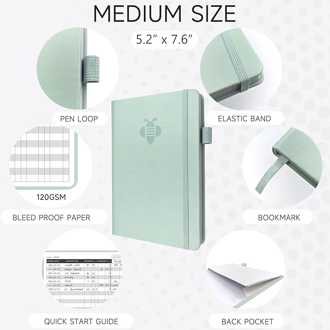 KUMEER Check Register – Elegant Check Registers for Personal Checkbook with Check & Transaction Registers, Hardcover Checkbook Log 5.2x7.6" (Mint Green)