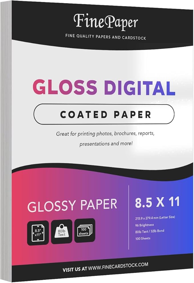 Double-Sided Gloss Digital C2S Paper – Perfect for Color Laser Printing, Design Proposals, Flyers, Brochures | 80lb Text (32lb Bond) | 96 Bright | Acid Free, Glossy Coated | 100 Sheets (8.5 x 11)