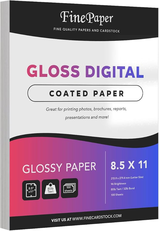 Double-Sided Gloss Digital C2S Paper – Perfect for Color Laser Printing, Design Proposals, Flyers, Brochures | 80lb Text (32lb Bond) | 96 Bright | Acid Free, Glossy Coated | 100 Sheets (8.5 x 11)