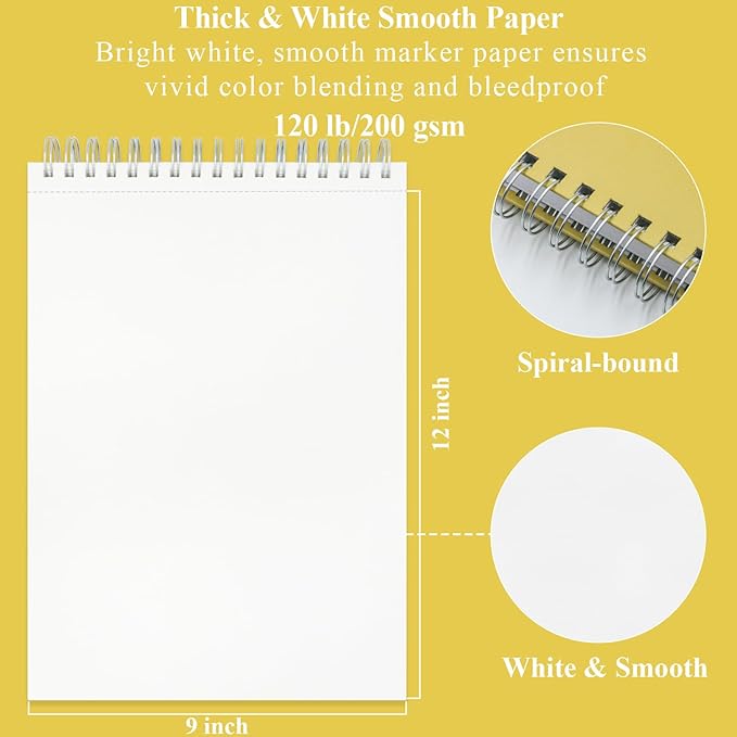 Marker Paper Sketchbook, 9"X12" Alcohol Marker Paper, 60 Sheets (200gsm/120lb) Marker Sketchbook Bleedproof, Professional Art Supplies for Adults & Teens.