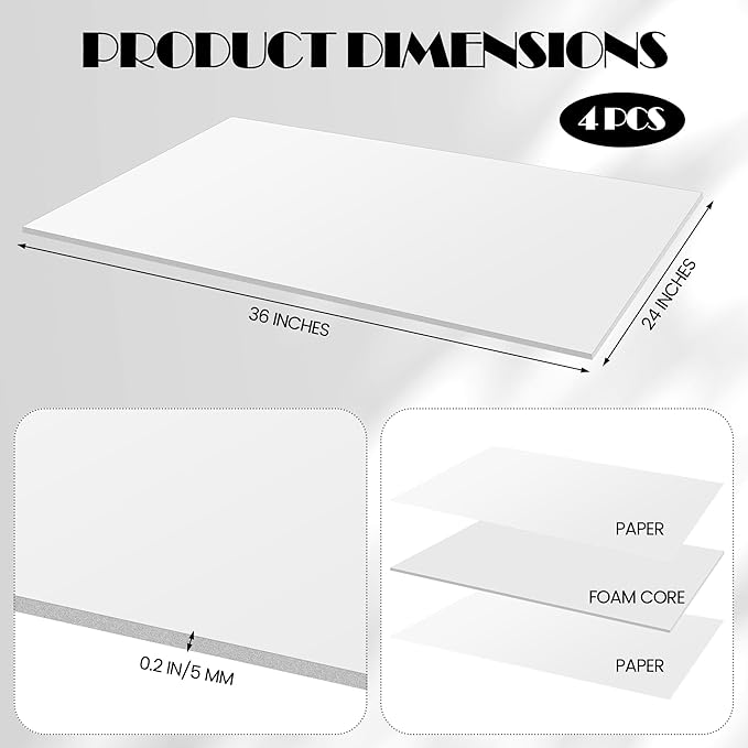 Elcoho 4 Pack White Foam Board, 24 x 36 Inch Acid-Free Foam Core Board, 5mm Thick Double Sided White Poster Boards for Presentation Art Display Office School Projects Crafting Sign Making
