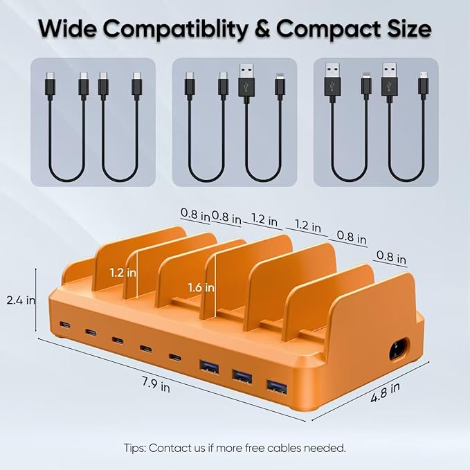 300W Charging Station for Multiple Devices, 8 Port Multi USB C Fast Charger Station Dock for MacBook iPhone 16/15/14/13/12 Samsung Pixel Series iPad, Orange (6 Mixed Short Cables Included)