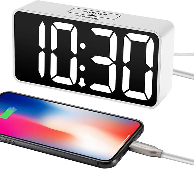 DreamSky Small Digital Alarm Clock for Bedroom, Large Big Numbers Display with Brightness Dimmer, Electric Bedside Desk Clock with USB Charging Port, Adjustable Alarm Volume, USB-C Adapter Powered