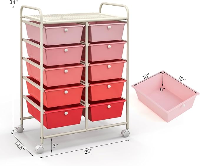 GLACER 10 Drawer Rolling Cart, Storage Cart with Lockable Whieels & Metal Frame, Trolley for Art Craft Oganizer, Mobile Utility Cart for Office, School, Classroom, Kitchen (Pink Gradient)