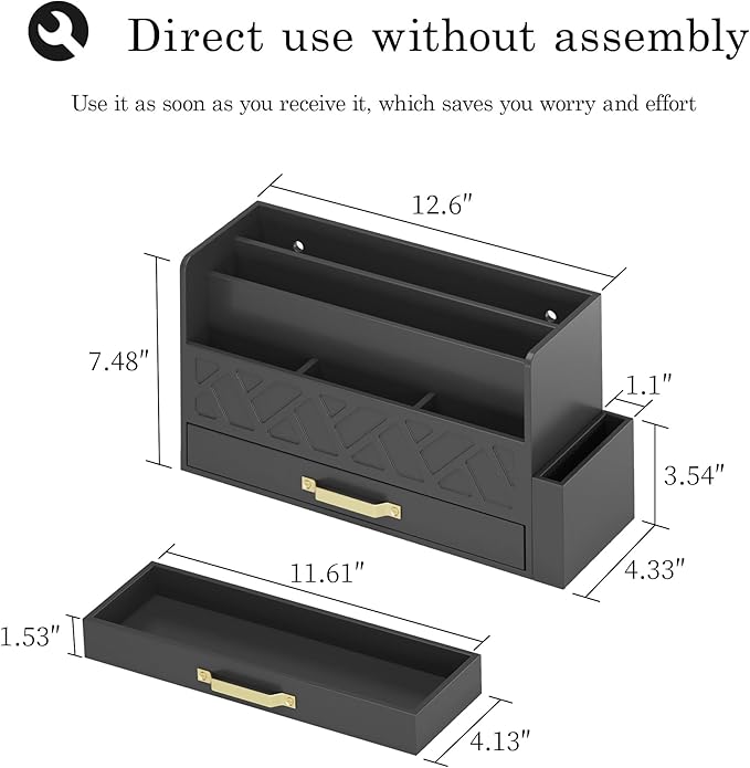 Wisuse Desk Mail Organizer with Drawer - Bamboo Wooden File Bill Sorter Storage Box for Desktop, Letter Countertop Holder for Home Office School Organization Tabletop Accessories Supplies (Black)