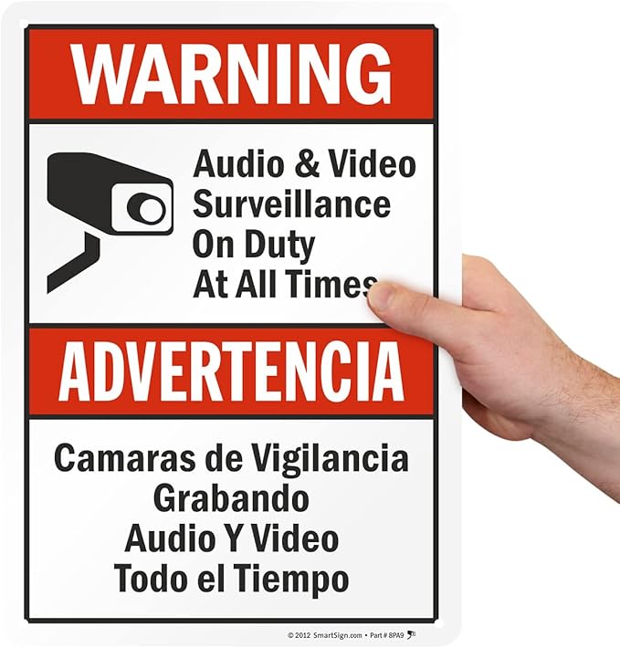 SmartSign 14 x 10 inch “Warning - Audio & Video Surveillance On Duty At All Times” Bilingual Sign, Digitally Printed, 55 mil HDPE Plastic, Red, Black and White, Made in USA