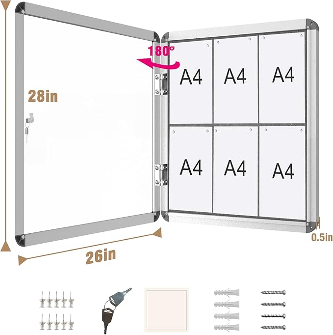 Mifuro 28"x26" Enclosed Bulletin Board, Lockable Weather-Resistant Aluminum Cork Noticeboard for School & Office, Silver Frame w/Grey Flet