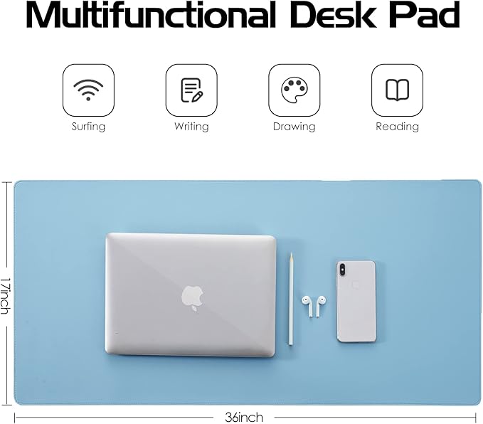 Wolaile Faux Leather Desk Pad Blotter,Waterproof Non-Slip Writing Desk Mat for Kids,36x17 in Desktop Protector Large Mouse Pad,Light Blue Office Home Table Cover