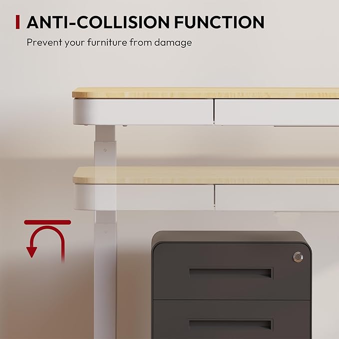 SANODESK Standing Desk with Drawer, Electric Height Adjustable Home Office Desk with Storage & USB Ports, 48 inch Maple Wood Tabletop/White Frame