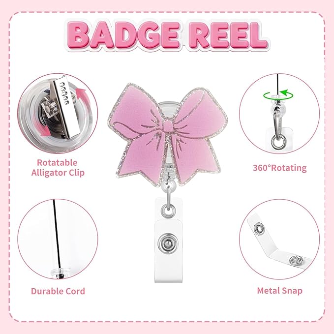2Pcs Pink Bow Badge Reel Retractable Cute Badge Reels with Alligator Clip ID Badge Holder for Nurse,Medical Worker,Nursing Student,Teacher