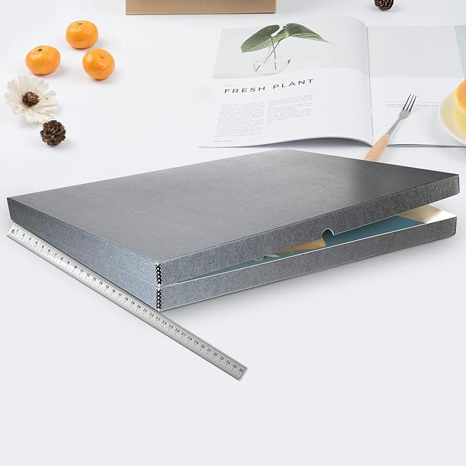Lineco Folio Storage Box, Clamshell Design with Metal Edge. 23.5x30.5x1.75 in, Archival Boxboard, Organize and Preserve Photos, Prints, Cards, Magazines, Documents, Art, Ephemera, Family Records, Gray