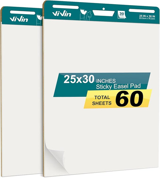 ViVin Super Sticky Easel Pad, 25 x 30 Inches Flip Chart Paper for Teachers, Large Self Stick Easel Paper, Teacher Anchor Chart, 30 Sheets/Pad, 2 Pads/Pack