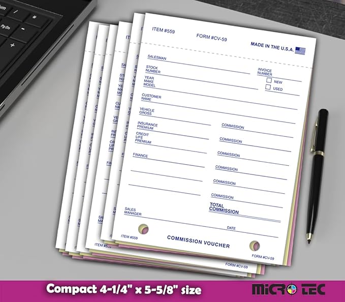 Commission Voucher Book CV-59-3 Part Carbonless Forms, Triplicate NCR Receipt Book, Snap-Out Pre-Punched with File Holes Commission Vouchers, Blue Ink, 4.25 x 5.625 Inch - Pack of 100