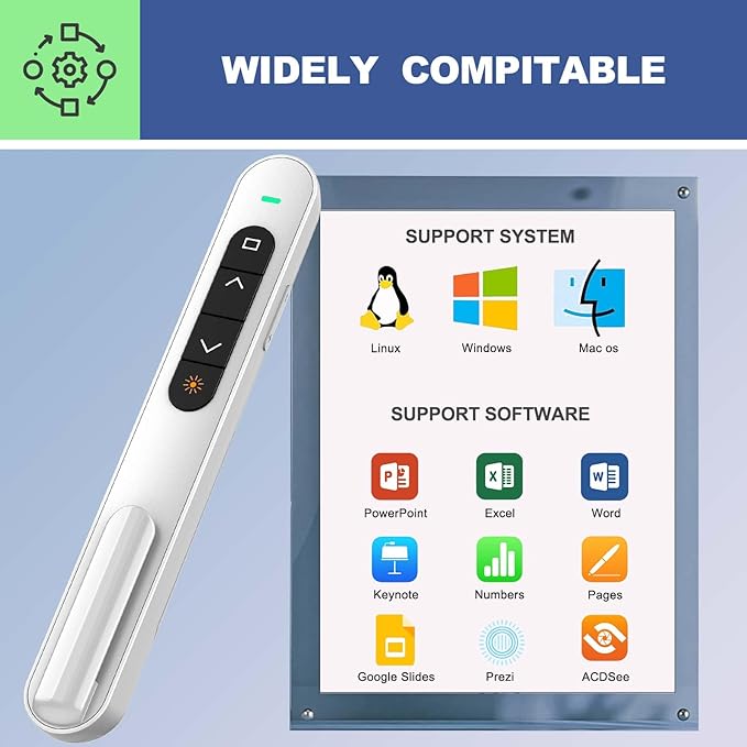 QUI Presentation Clicker for PowerPoint, RF 2.4GHz USB Wireless Presenter Remote with Volume Control, PowerPoint Clicker Slide Advancer for Mac, Windows, Laptop, Keynote