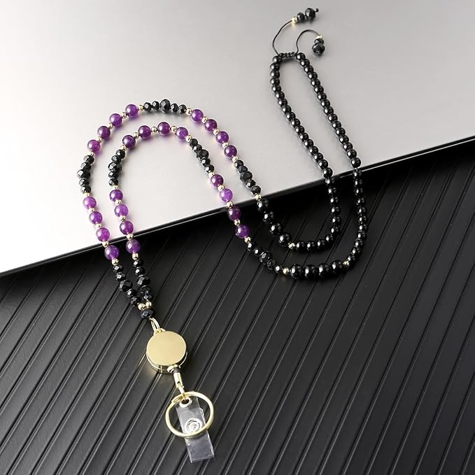 AIDSOTOU Lanyards for ID Badges and Keys,Natural Stone Beaded Teacher Lanyard for Women,Retractable Lanyard with ID Holder Cute Lanyards for Teachers (Purple)