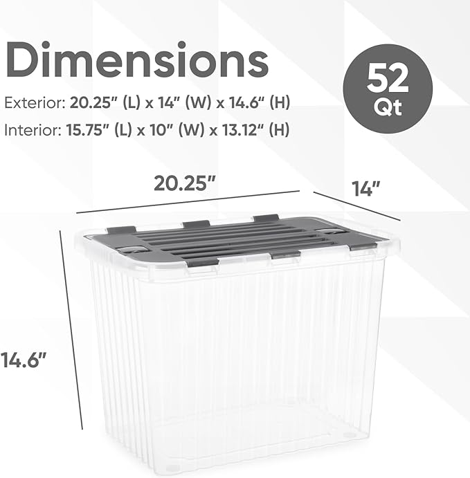 Superio Storage Bins with Lids, Clear Plastic Containers for Organizing, Stackable Totes, BPA Free, Odor Free, Organizer Boxes for Home, and Dorm, 53 Quart (4 Pack, 20.25"x14"x14.6")