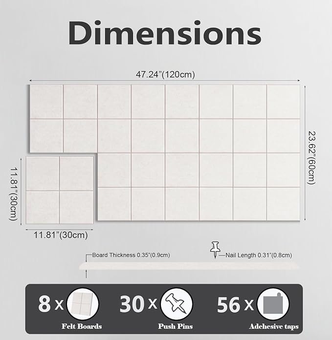 G Gamit Large Felt Wall Tiles Bulletin Board,Large Cork Board Alternative with 30 Pushpins,8-Pack Felt Pin Board with 56 Safe Removable Adhesive Tabs for Home Office School (Oatmeal)