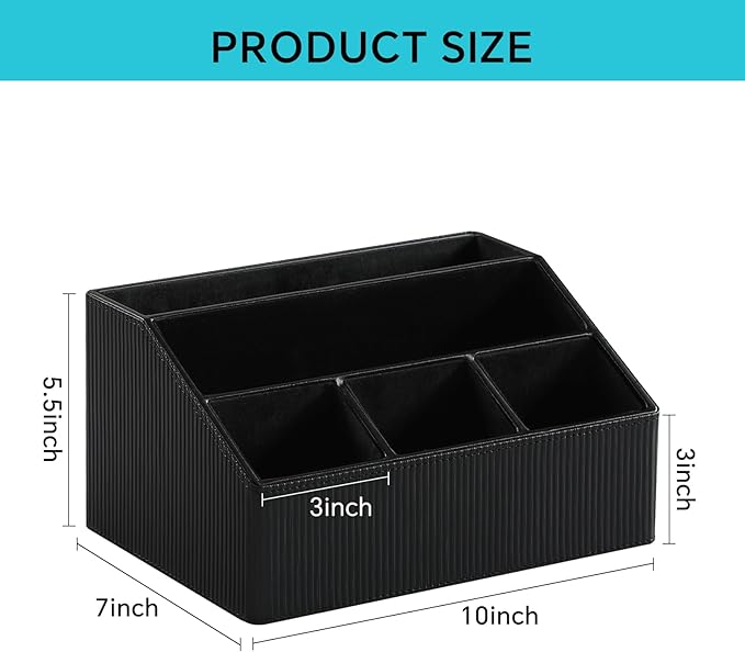 Cretkhp Remote Control Holder with 5 Compartments for Office Art Supplies, PU Leather Nightstand Organizer Pencil Pen Desk Caddy for Home, Desktop TV Remote Control Organizer Storage (Striped Black)