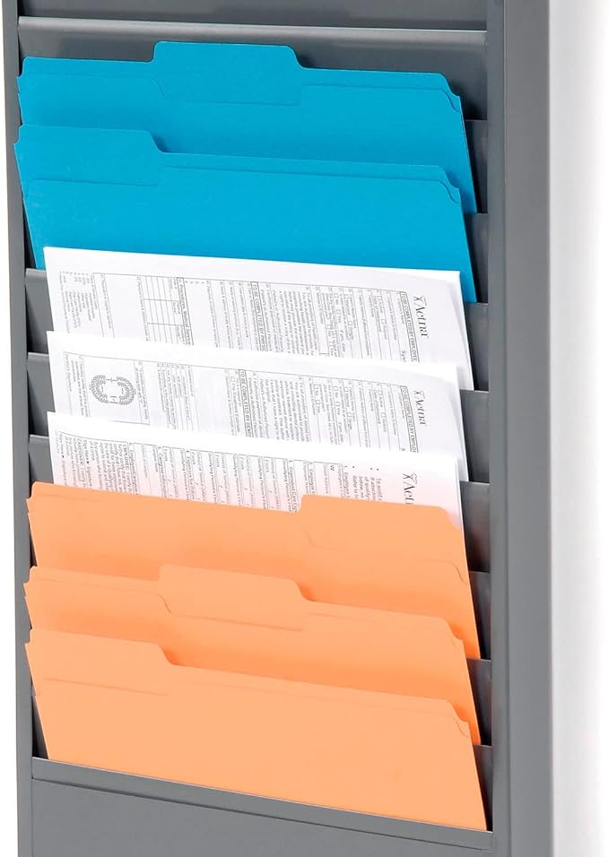 Global Industrial Steel Medical Chart Hanging Wall File Holder, 11 Pockets, Gray, Wall Mounted Magazine and File Folder Holder, 12-1/4"W x 8-3/8"H Pockets