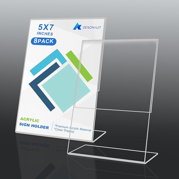 DESONAUT 8 Pack Slant Back Acrylic Sign Holder 5x7 inches, Clear Plastic Picture Frames, Desktop Tabletop Flyer Menu Holder Document Holder Paper Display Stand（Vertical）