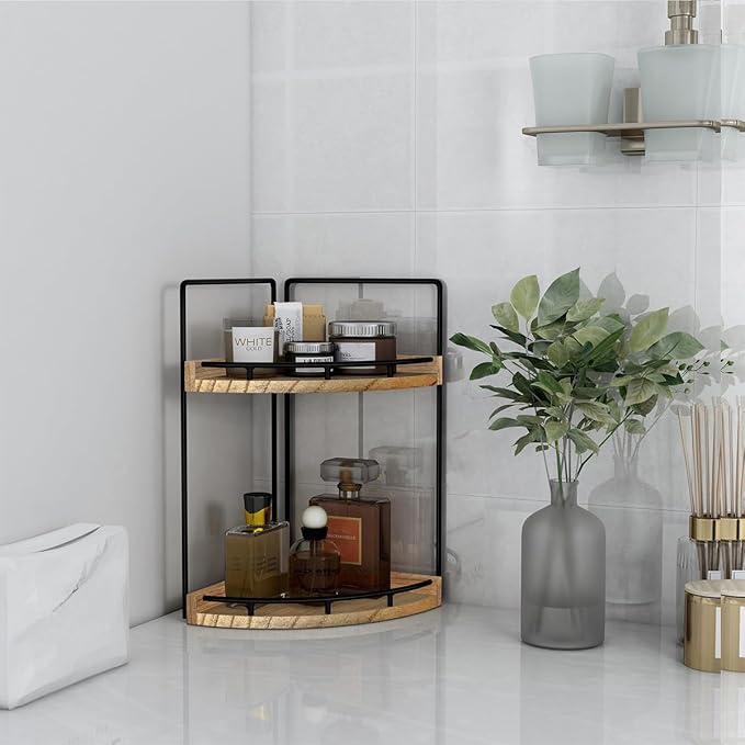 Dorhors 2-Tier Bathroom Counter Organizer,Vanity Counter Corner Shelf, Skincare, Wood Countertop Bathroom Storage and Organization for Kitchen (Brown)