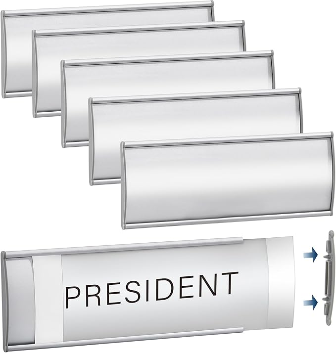 Plecterco 6 Pcs Office Door Signs - 8" x 3" Curved Name Plate Holders for Office, Wall-Mount Door Signs with Plastic Film and Adhesive Tape (Silver) (6, Silver)
