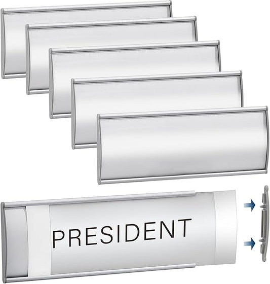 Plecterco 6 Pcs Office Door Signs - 8" x 3" Curved Name Plate Holders for Office, Wall-Mount Door Signs with Plastic Film and Adhesive Tape (Silver) (6, Silver)