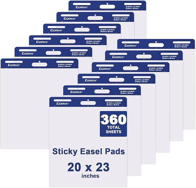 Comix Sticky Easel Pad, 20 x 23 Inches Flip Chart Paper for Teachers, Large Self Stick Easel Paper, 30 Sheets/Pad, 12 Pads/Pack