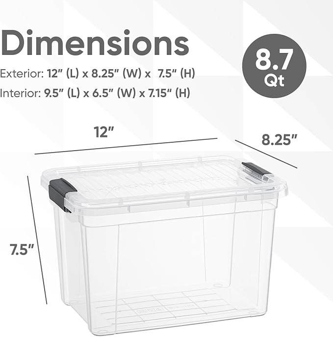Superio Clear Storage Boxes with Lids, 8.75 Quart Plastic Container Bins for Organizing, Stackable Crates, BPA Free, Non Toxic, Odor Free, Organizers for Home, Office, School, and Dorm