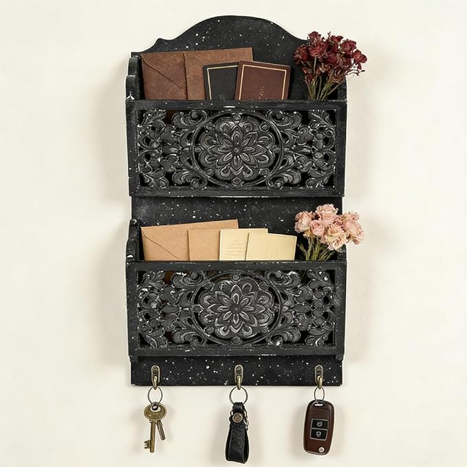 Chadechimo Rustic Key and Mail Holder for Wall Home Decorative,2-Slot Mail Organizer Wall Mount with 3 Hooks, Wooden Key Hangers Wall File Organizer Letter Sorter for Letter Magazines（Black）