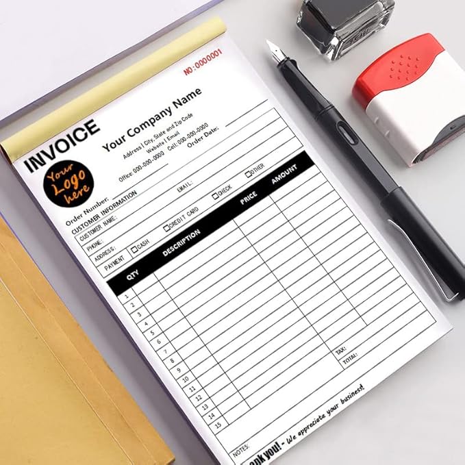 Custom Carbonless Sales Invoice Form Books for Small Business, Personalized NCR 3-Part Receipt Book with Carbon Copies, Cover Add Company Name, Address and Number Printed
