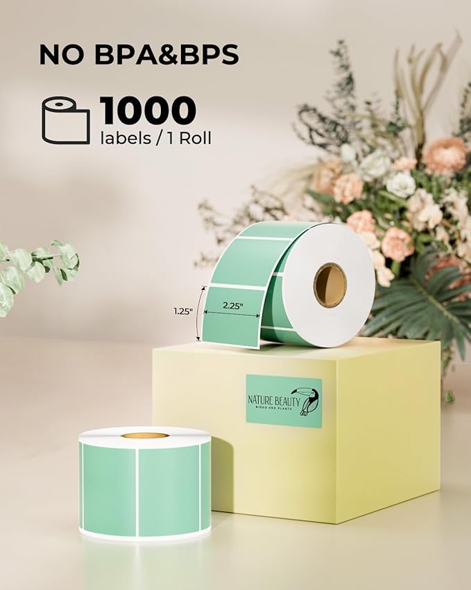 MUNBYN Green 2.25x1.25in Thermal Labels, 1000/Roll - Direct Thermal Paper, Self-Adhesive, Multi-Purpose, Strong Compatibility, BPA & BPS Free