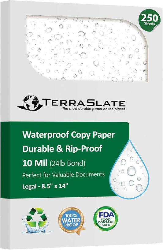 TerraSlate Printable Waterproof Paper for Laser Printer, 10 MIL 8.5" x 14", 250 Sheets, Matte White Printer Paper, Rip-Resistant, Weather/Rain Proof Copy Paper