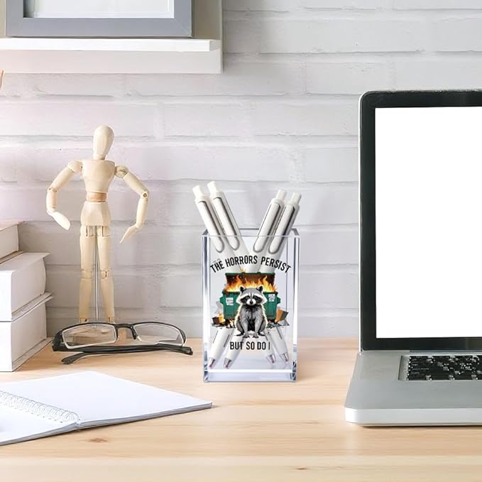 Vgrti The Horrors Persist But So Do I Acrylic Cosmetic Pencil Pen Holder Cup, Emotional Dumpster Fire Pencil Pen Holder Cup, Raccoon Lover Gifts for Women Men, Mental Health Gifts for Women Colleague