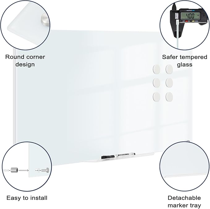 Magnetic Glass Whiteboard, 6' x 4' Glass Dry Erase Board for Wall, 72" x 48" Large Frameless White Board with 1 Marker Tray and 10 Magnets for Office, Home, Classroom - Normal White