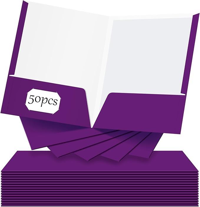 Jutom 50 Pcs 2 Pocket Glossy Paper Folders Glossy Paper Laminated Portfolios, Letter Size, Presentation Folders with Pockets for Office Teacher Worker Supplies(Purple Color)