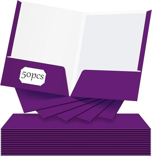 Jutom 50 Pcs 2 Pocket Glossy Paper Folders Glossy Paper Laminated Portfolios, Letter Size, Presentation Folders with Pockets for Office Teacher Worker Supplies(Purple Color)