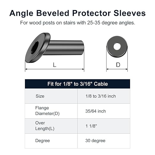 BLIKA 20 Pack 25 30 35 Degree Black Cable Railing Angle Beveled Protector Sleeves for 1/8" 5/32" 3/16", T316 Stainless Steel, Angle Protector Sleeves Stair Cable Railing Hardware Kit for Wood Posts