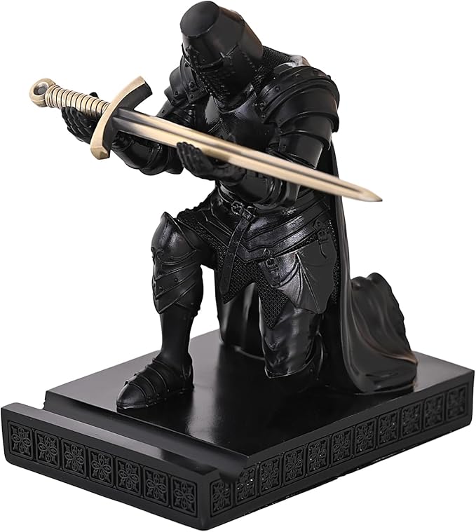 NCQIXIAO Medieval Templar Vanguard Officer Knight Pen Holder Pen Stand Desk Organizers and Accessories Resin Mobile Phone Stand as Gift for Office and Home Desk Organizer (Black)