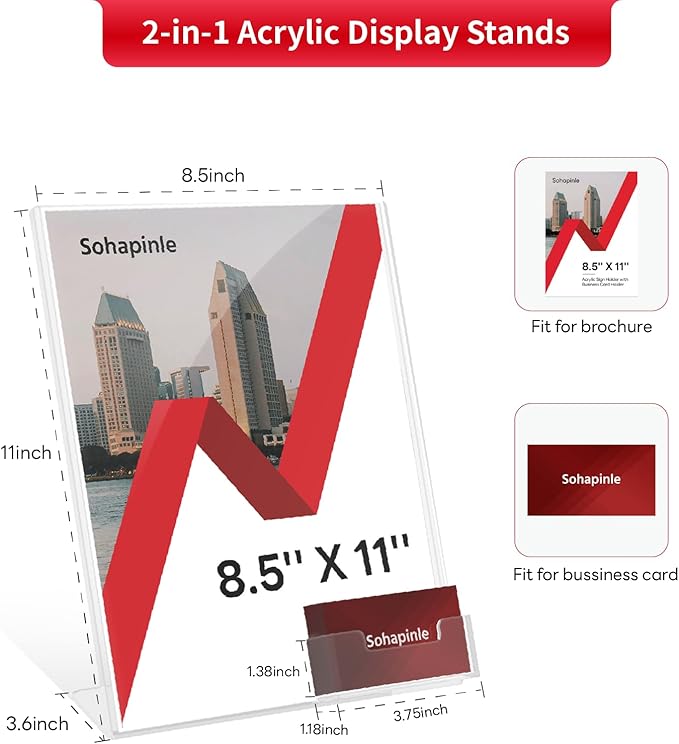 Acrylic Sign Holder 8.5 x 11 Inches with Business Card Holder Clear Plastic Brochure Flyer Display Stand Slanted Countertop Organizer for Pamphlets Magazines Booklets Menus, 2 Pack